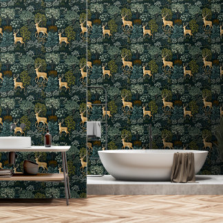 Forest and deer, inspired William Morris Design Wallpaper