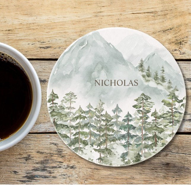 Forest and Mountain Nature Watercolor Coaster (In situ)