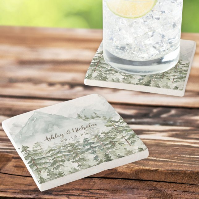 Forest and Mountain Nature Watercolor Stone Coaster (In situ)