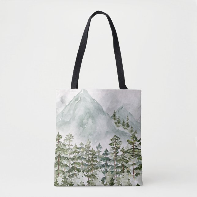 Forest and Mountain Nature Watercolor Tote Bag (Front)