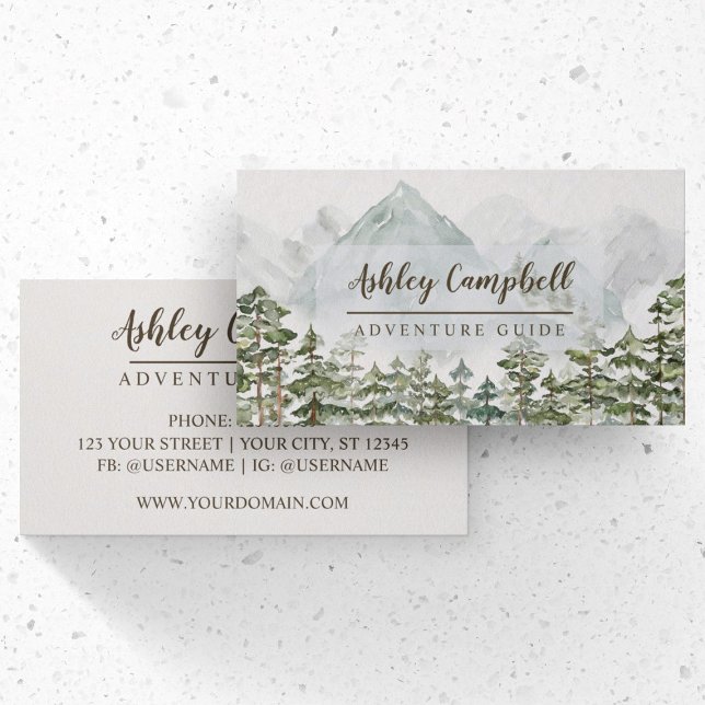 Forest and Mountains Watercolor Business Card (Front and Back Side)