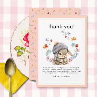 Forest Animal Bunny Botanical 1st Birthday  Thank You Card