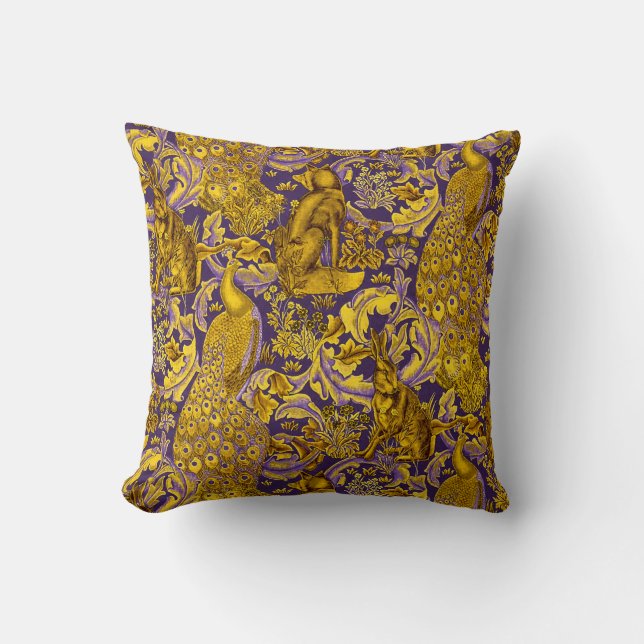 FOREST ANIMAL,FOX,PEACOCK, HARE GOLD PURPLE FLORAL CUSHION (Front)