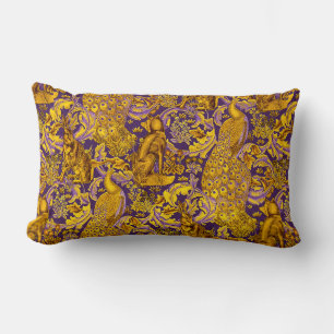FOREST ANIMAL,FOX,PEACOCK, HARE GOLD PURPLE FLORAL LUMBAR CUSHION