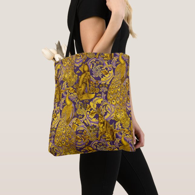 FOREST ANIMAL,FOX,PEACOCK, HARE GOLD PURPLE FLORAL TOTE BAG (Close Up)