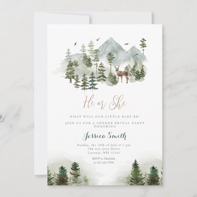 Forest Animal Mountain He or She Gender Reveal Invitation (Front)