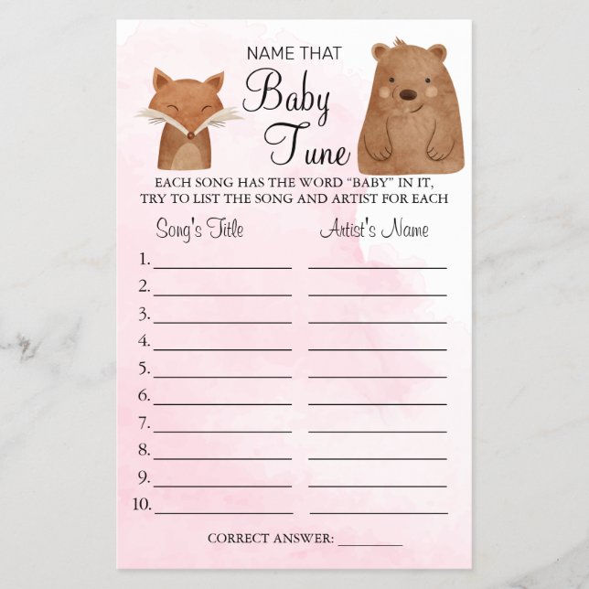 Forest Animal Name that baby tune shower game card (Front)