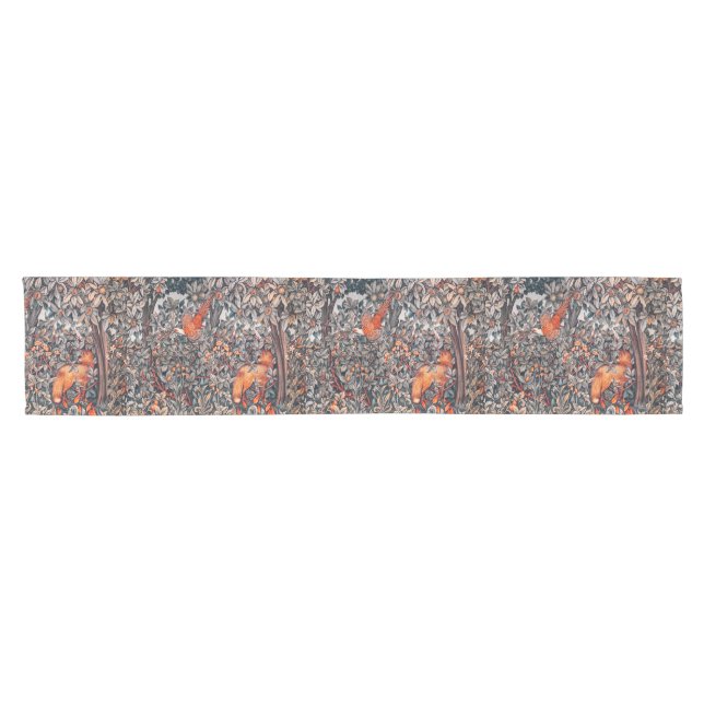 FOREST ANIMAL Pheasant,Red Fox,Black White Floral  Short Table Runner (Horizontal)