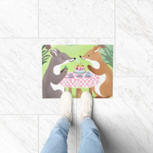 Forest Animal Picnic Whimsical Cute Watercolor Doormat