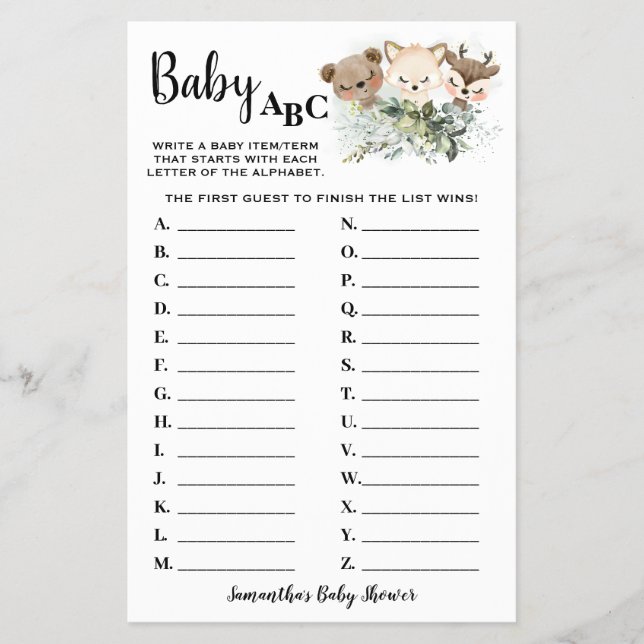 Forest Animals Baby ABC Baby Shower Game Card (Front)