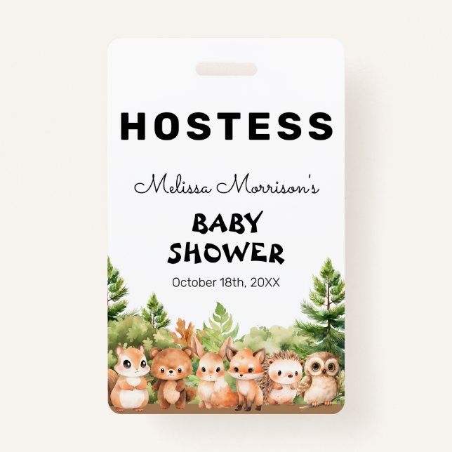 Forest Animals Baby Boy Shower Hostess ID Badge (Front)