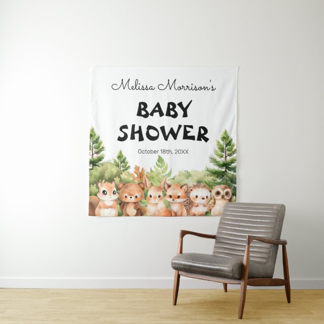 Forest Animals Baby Boy Shower Party Photoshoot Tapestry (In Situ)