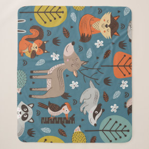 Forest animals, blue, Scandinavian style Sherpa Blanket