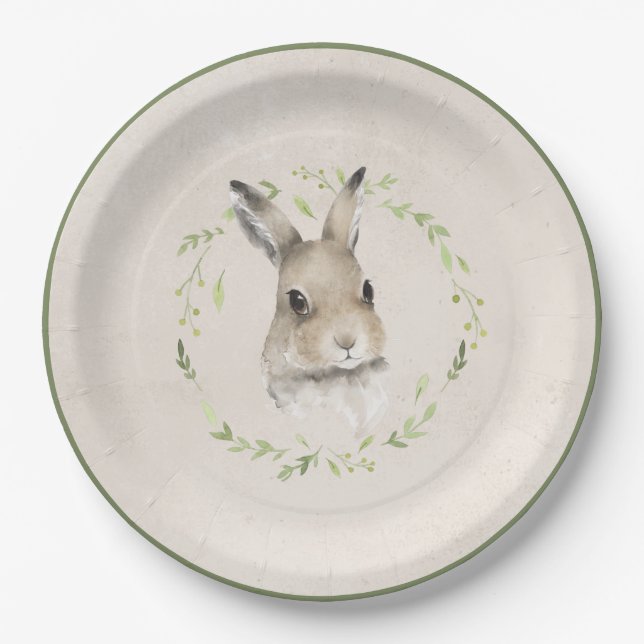 Forest Animals Bunny Rabbit Greenery Baby Shower Paper Plate (Front)