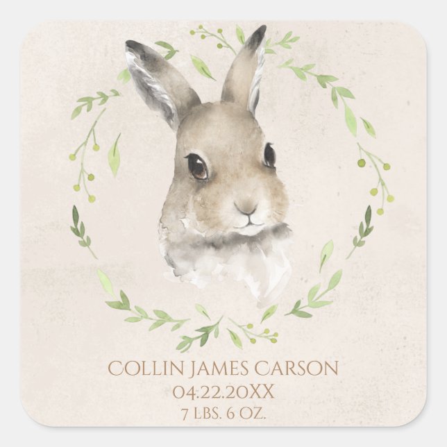 Forest Animals Bunny Watercolor Birth Stats Square Sticker (Front)
