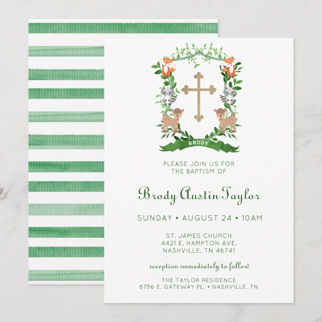 Forest Animals Crest Boy Baptism Invitation (Front/Back)