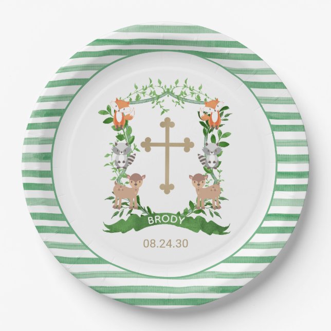 Forest Animals Crest Boy Baptism Paper Plate (Front)