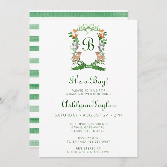 Forest Animals Crest It's A Boy Baby Shower Invitation (Front/Back)