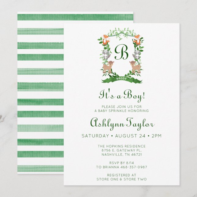Forest Animals Crest It's A Boy Baby Sprinkle Invitation (Front/Back)