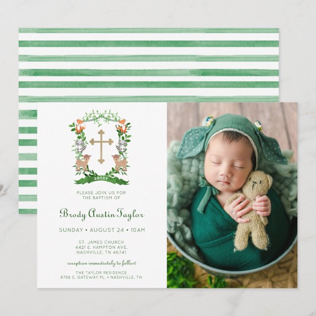 Forest Animals Crest Photo Baptism Invitation (Front/Back)