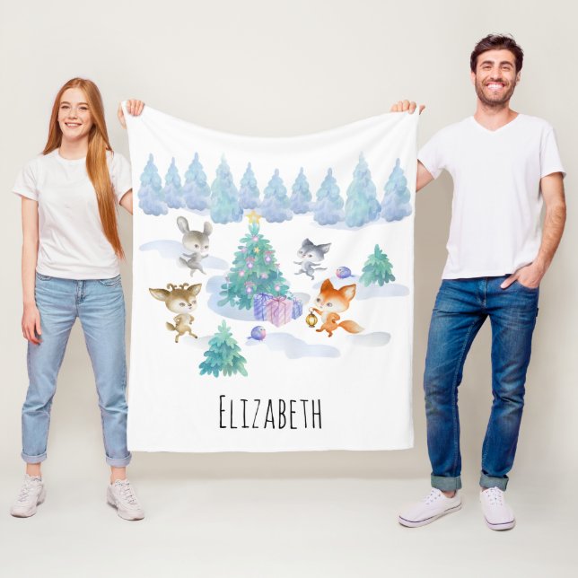 Forest Animals Dancing Around Christmas Tree Fleece Blanket (In Situ)