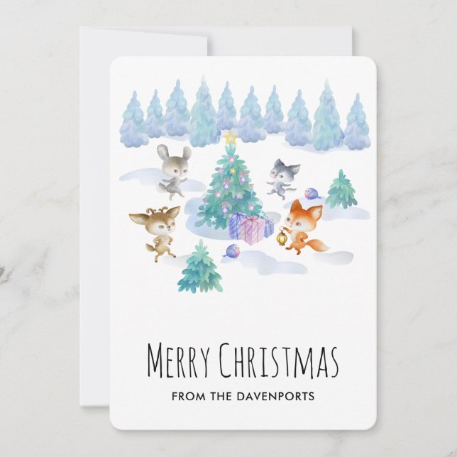 Forest Animals Dancing Around Christmas Tree Holiday Card (Front)