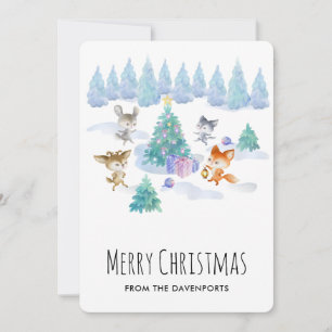 Forest Animals Dancing Around Christmas Tree Holiday Card
