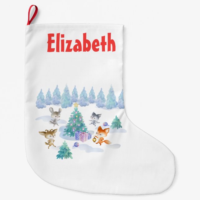 Forest Animals Dancing Around Christmas Tree Large Christmas Stocking (Front)