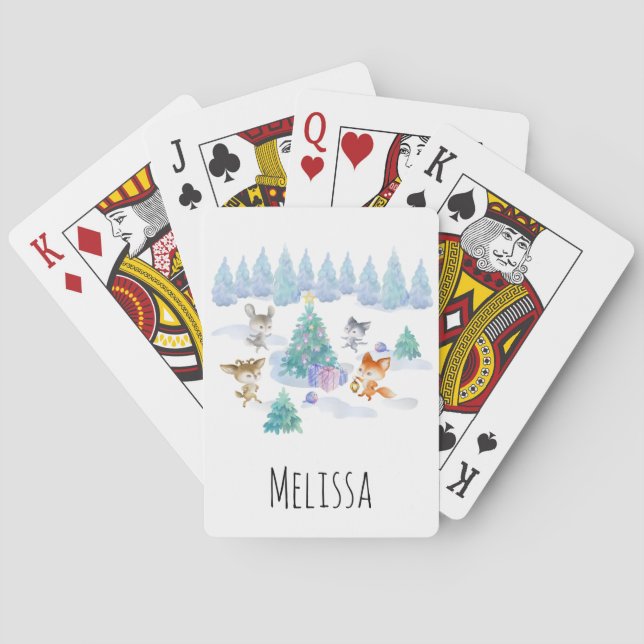 Forest Animals Dancing Around Christmas Tree Playing Cards (Back)