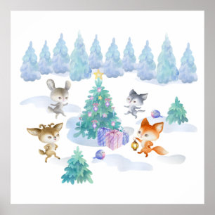 Forest Animals Dancing Around Christmas Tree Poster