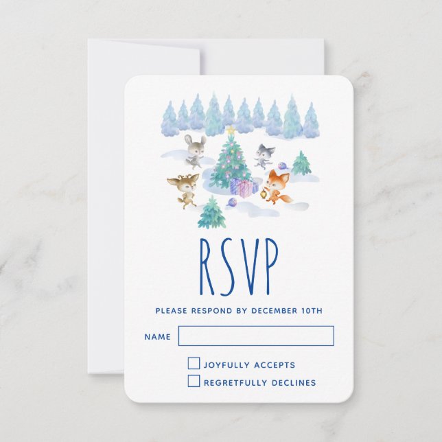Forest Animals Dancing Around Christmas Tree RSVP Card (Front)