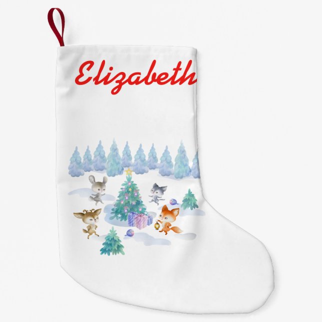 Forest Animals Dancing Around Christmas Tree Small Christmas Stocking (Front)