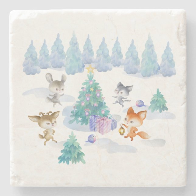 Forest Animals Dancing Around Christmas Tree Stone Coaster (Front)