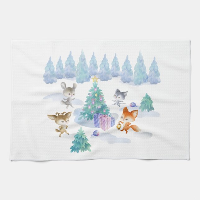 Forest Animals Dancing Around Christmas Tree Tea Towel (Horizontal)