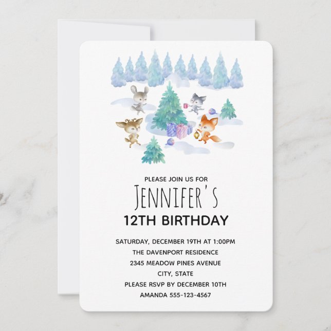 Forest Animals Dancing Around Fir Tree Birthday Invitation (Front)