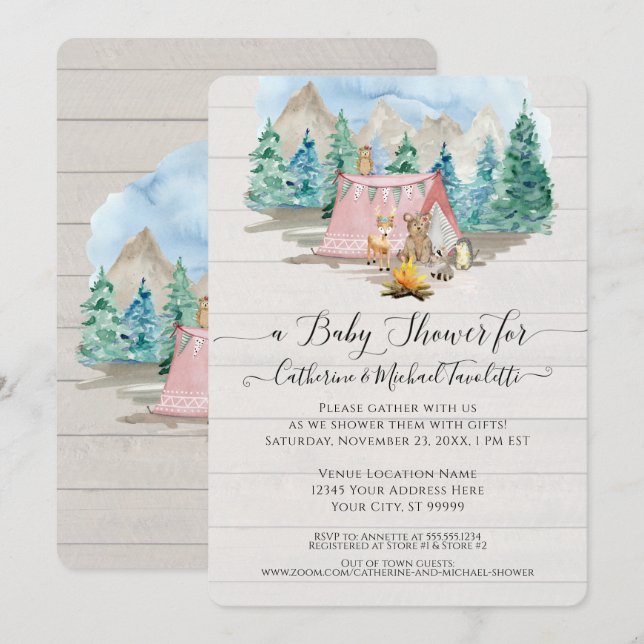 Forest Animals Deer Bear Floral Rustic Baby Shower Invitation (Front/Back)