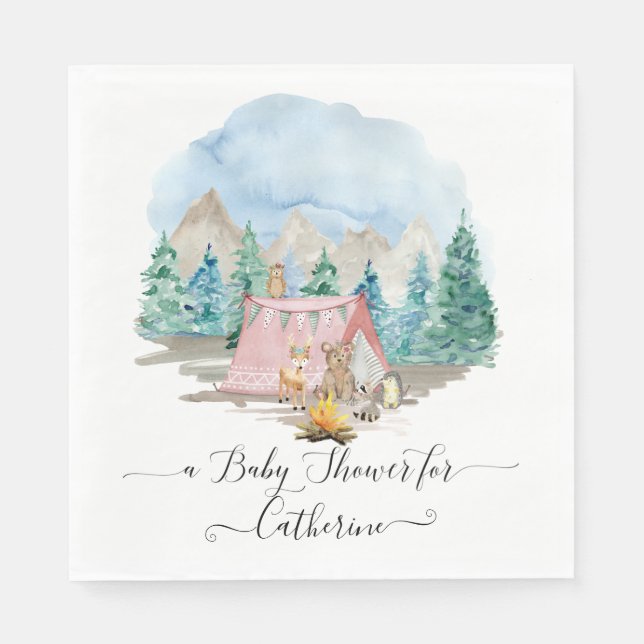 Forest Animals Deer Bear Floral Rustic Baby Shower Napkin (Front)