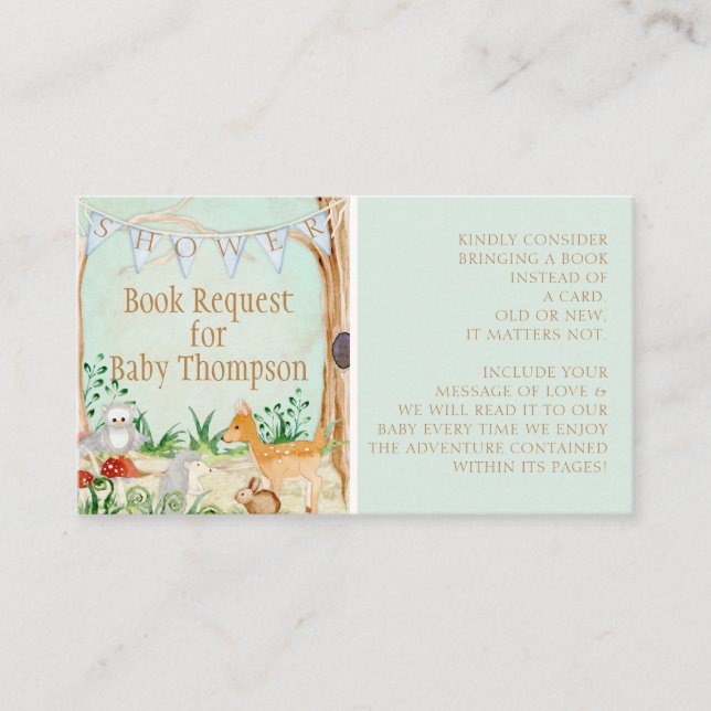 Forest Animals Deer Owl Woodland Book Request Business Card (Front)