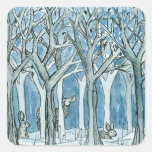 Forest Animals Deer Winter Trees Watercolor Square Sticker