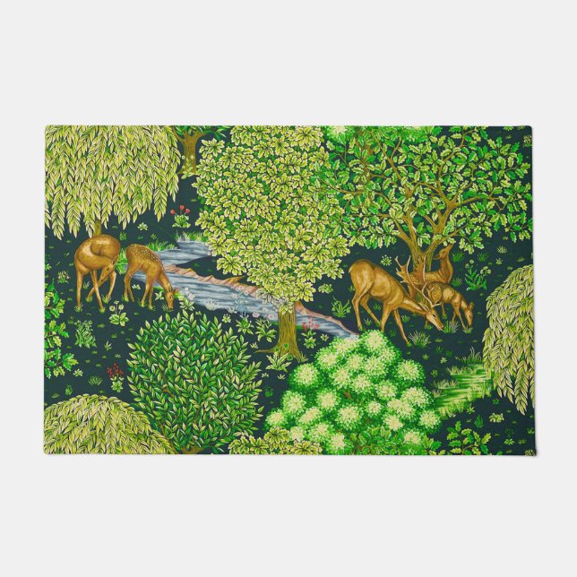 FOREST ANIMALS, DEERS BY A BROOK Blue Green Floral Doormat (Front)
