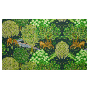 FOREST ANIMALS, DEERS BY A BROOK Blue Green Floral Fabric
