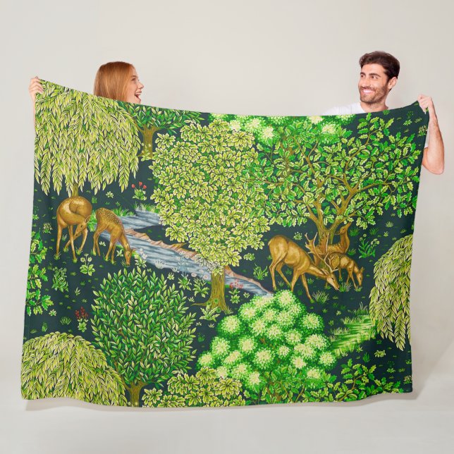 FOREST ANIMALS, DEERS BY A BROOK Blue Green Floral Fleece Blanket (In Situ)