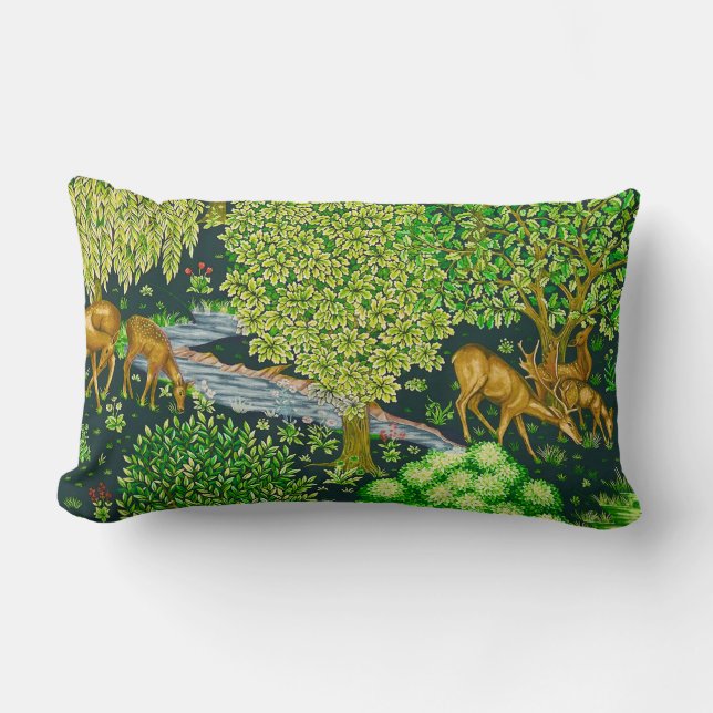 FOREST ANIMALS, DEERS BY A BROOK Blue Green Floral Lumbar Cushion (Front)