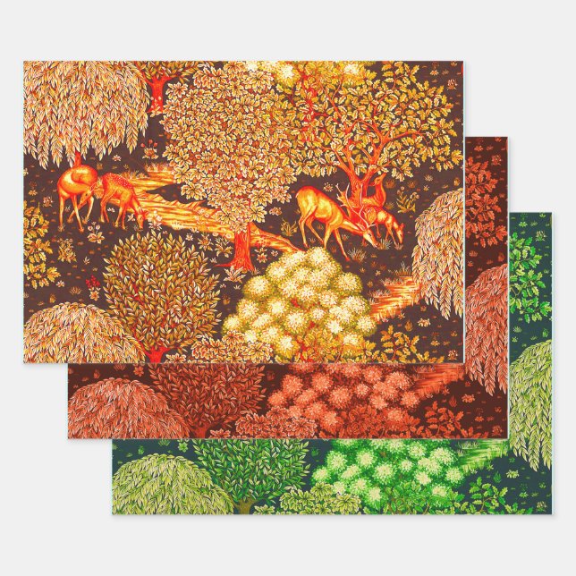 FOREST ANIMALS,DEERS BY A BROOK Colourful Floral Wrapping Paper Sheet (Set)