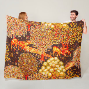 FOREST ANIMALS, DEERS BY A BROOK Red Yellow Floral Fleece Blanket