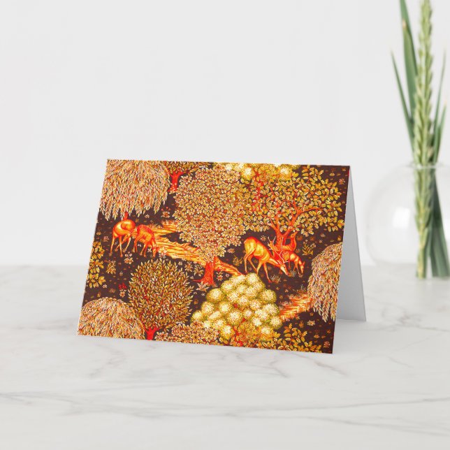FOREST ANIMALS, DEERS BY A BROOK Red Yellow Floral Holiday Card (Front)