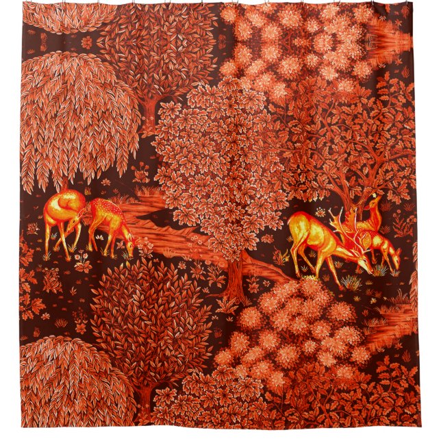 FOREST ANIMALS, DEERS BY A BROOK Red Yellow Floral Shower Curtain (Front)