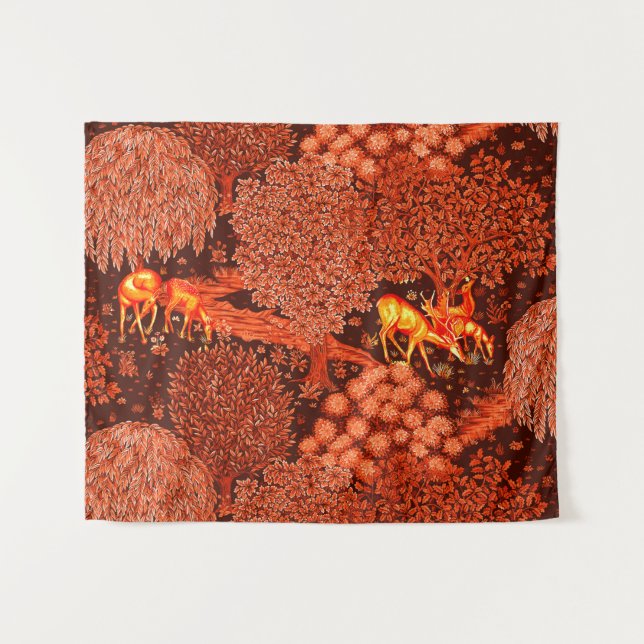 FOREST ANIMALS, DEERS BY A BROOK Red Yellow Floral Tapestry (Front (Horizontal))