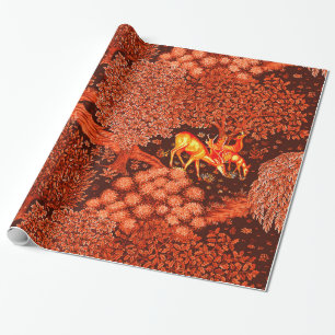 FOREST ANIMALS, DEERS BY A BROOK Red Yellow Floral Wrapping Paper