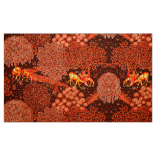 FOREST ANIMALS, DEERS BY A BROOK Yellow Red Floral Fabric